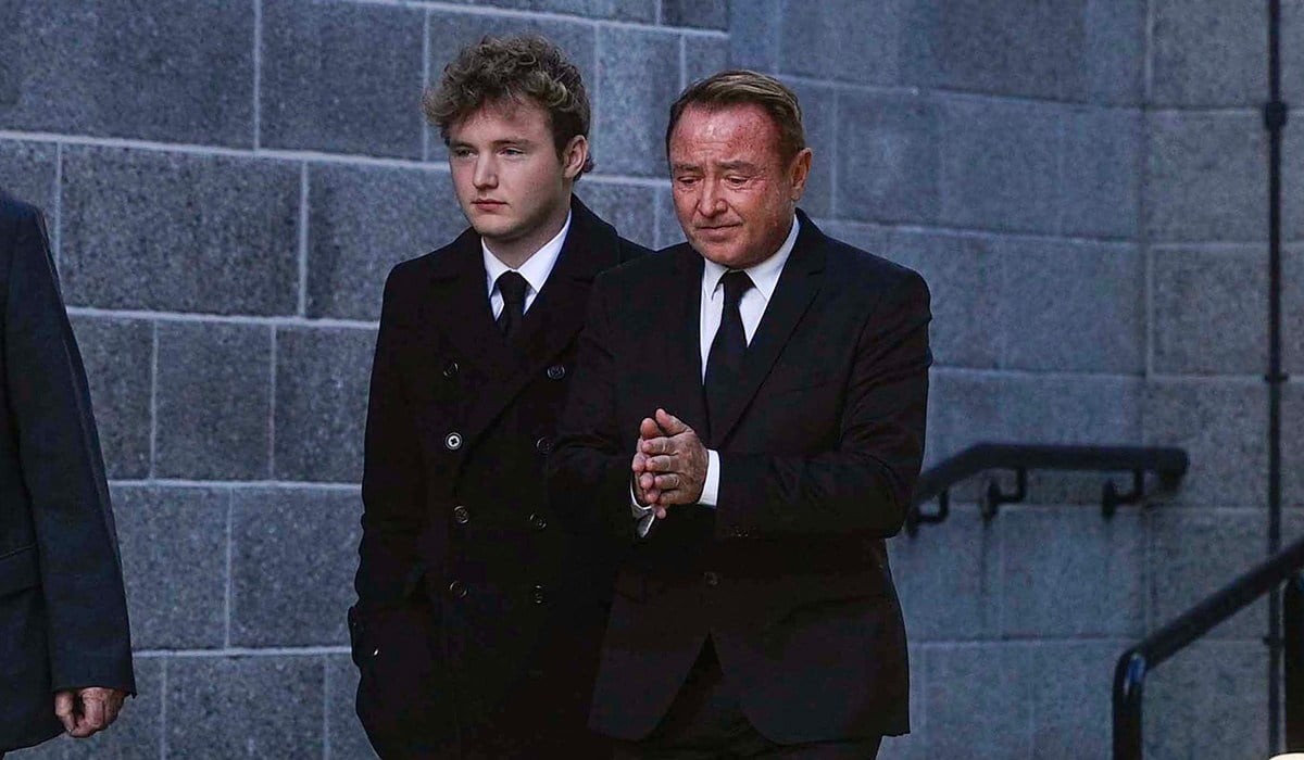 Michael Flatley (right) arrives for the funeral service of his wife Niamh O'Brien at the Church Of St. Therese, Mount Merrion, near Dublin. Picture date: Saturday October 10, 2026. PA Photo. Photo credit should read: Mark Marlow/PA Wire