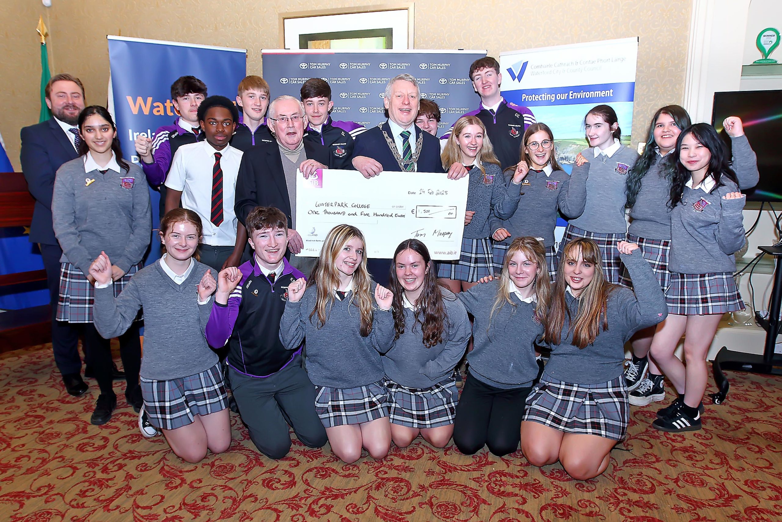 The winners of the Schools Litter Competition were Waterpark College and they are pictured receiving their prize of €1,500 sponsored by Tom Murphy Car Sales Toyota.  Also included Mayor of Waterford City & County, Cllr. Jason Murphy, Michael Oporowicz, Area Sales Manager, Toyota Ireland and Ella Ryan, Environmental Awareness Officer, Waterford City & County Council.