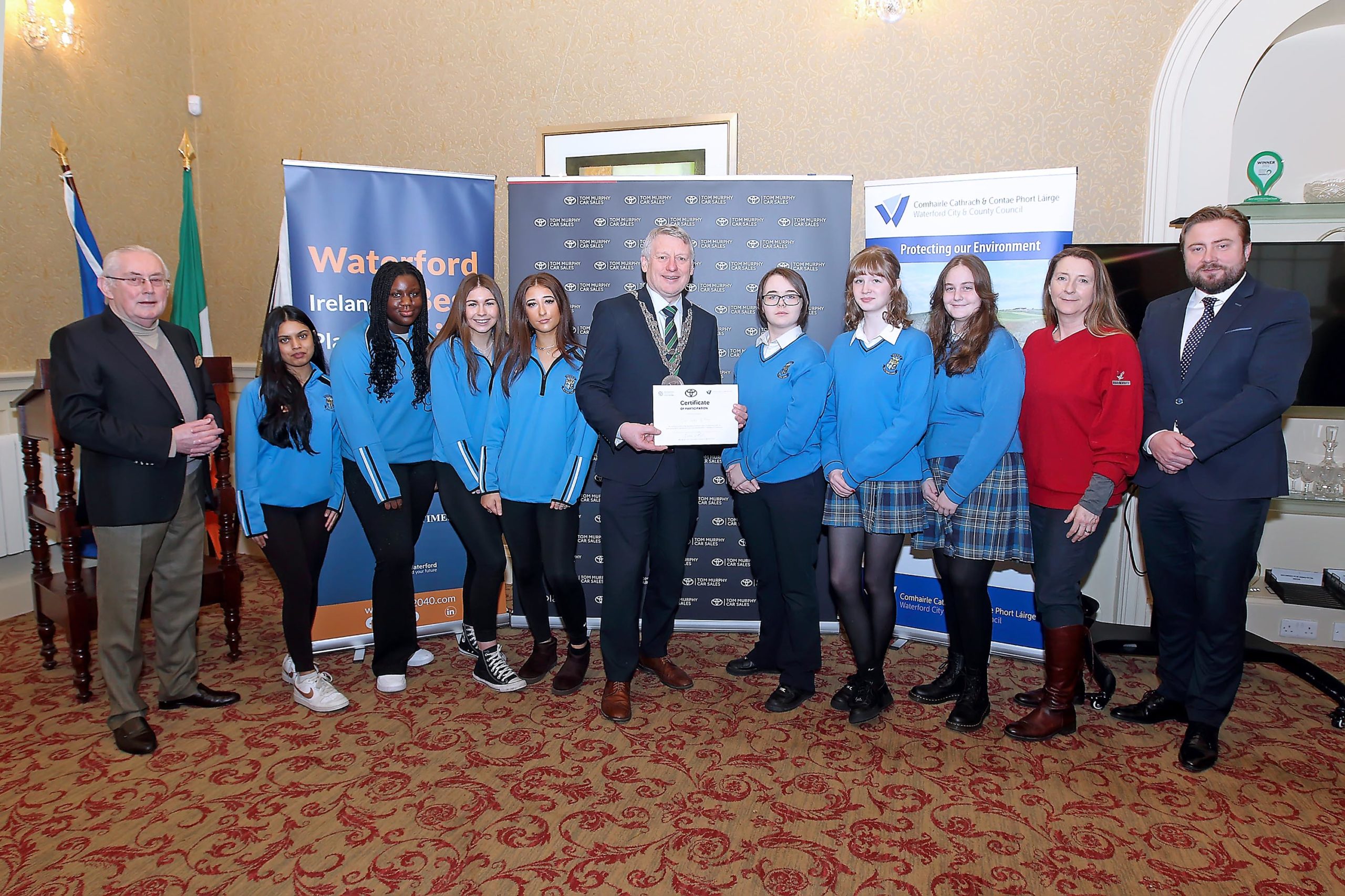  Mayor of Waterford City & County, Cllr. Jason Murphy, sponsor Tom Murphy from Tom Murphy Car Sales Toyota, and Michael Oporowicz, Area Sales Manager, Toyota Ireland are pictured with pupils from Our Lady of Mercy who received a participation certificate for taking part in the Schools Litter Competition for Secondary Schools, included were Samiya Abdullai, Ava Walsh, Ellen O'Sullivan, Angel Bisong Oben, Maja Cleere, Ann Marie Kelly, Heather Houlihan and teacher P.Dunphy.