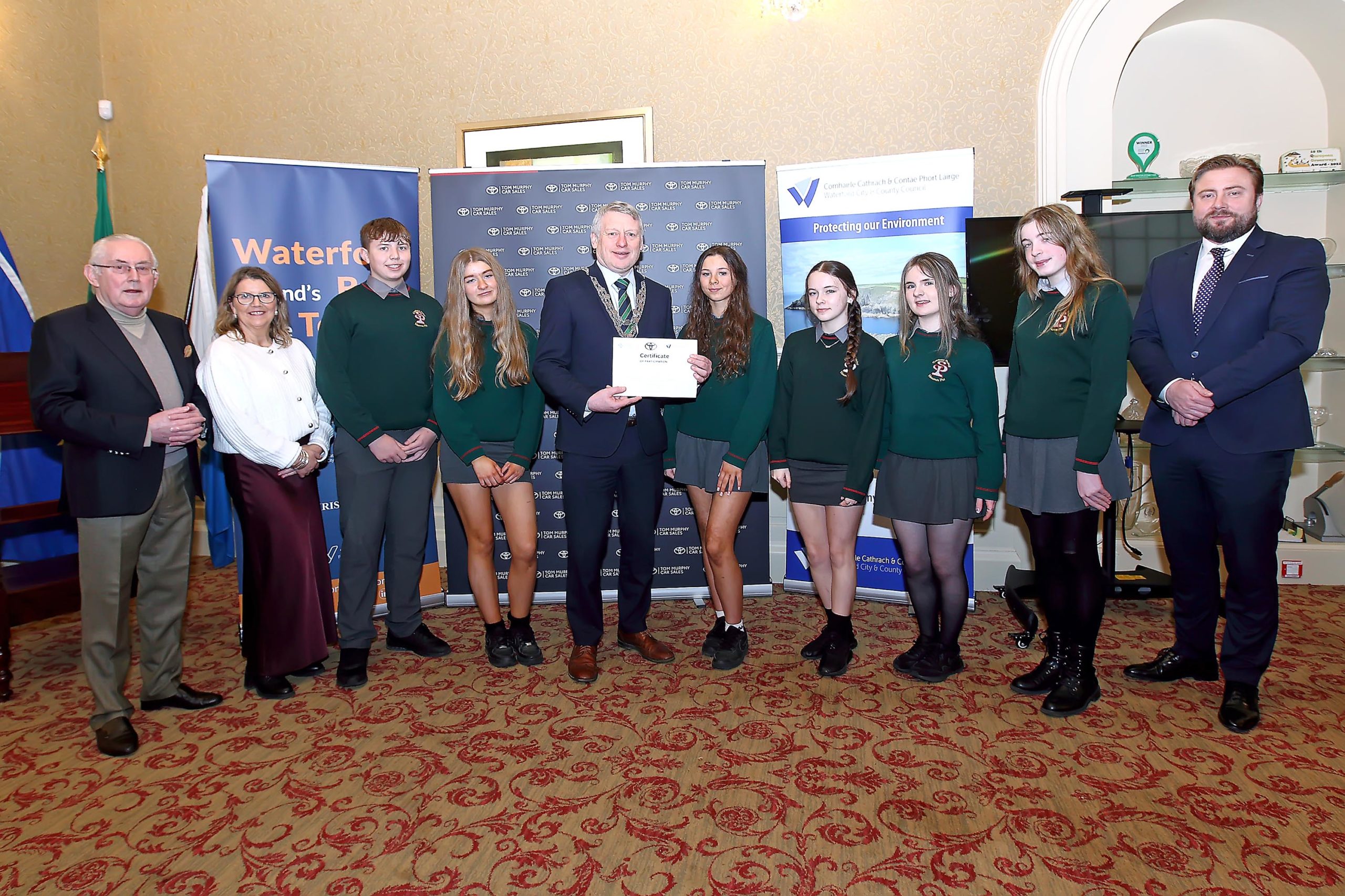  Mayor of Waterford City & County, Cllr. Jason Murphy, sponsor Tom Murphy from Tom Murphy Toyota, and Michael Oporowicz, Area Sales Manager, Toyota Ireland are pictured with pupils from St. Paul’s Community College, included were Leah Carew, Liam Ó Conaill, Zoey O'Mahony, Ellen Doyle Griffin, Milly Murray, Sophie Haye and teacher Valerie Wall.
