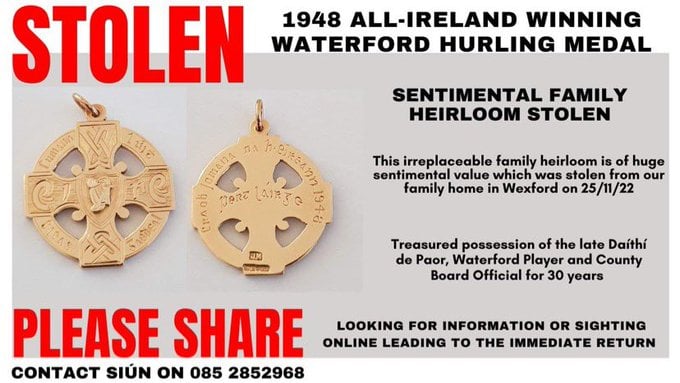 stolen Waterford medal